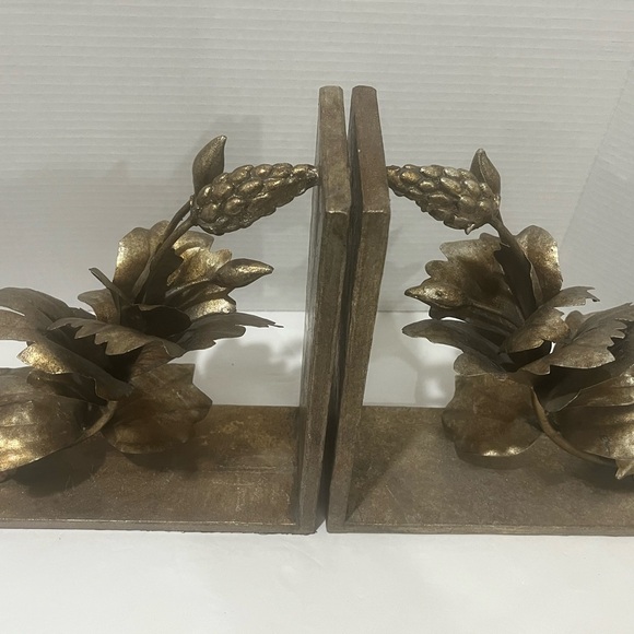 UTTERMOST Wood and Gold Brushed Metal Flower Design Vintage Bookends - RARE - Picture 5 of 10